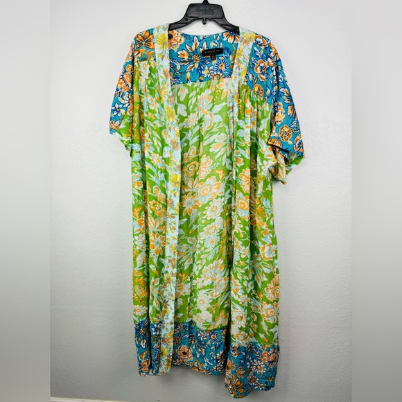 Anthropologie Current Air Floral Kimono Metallic Stamped Duster Cover Up - Picture 3 of 11